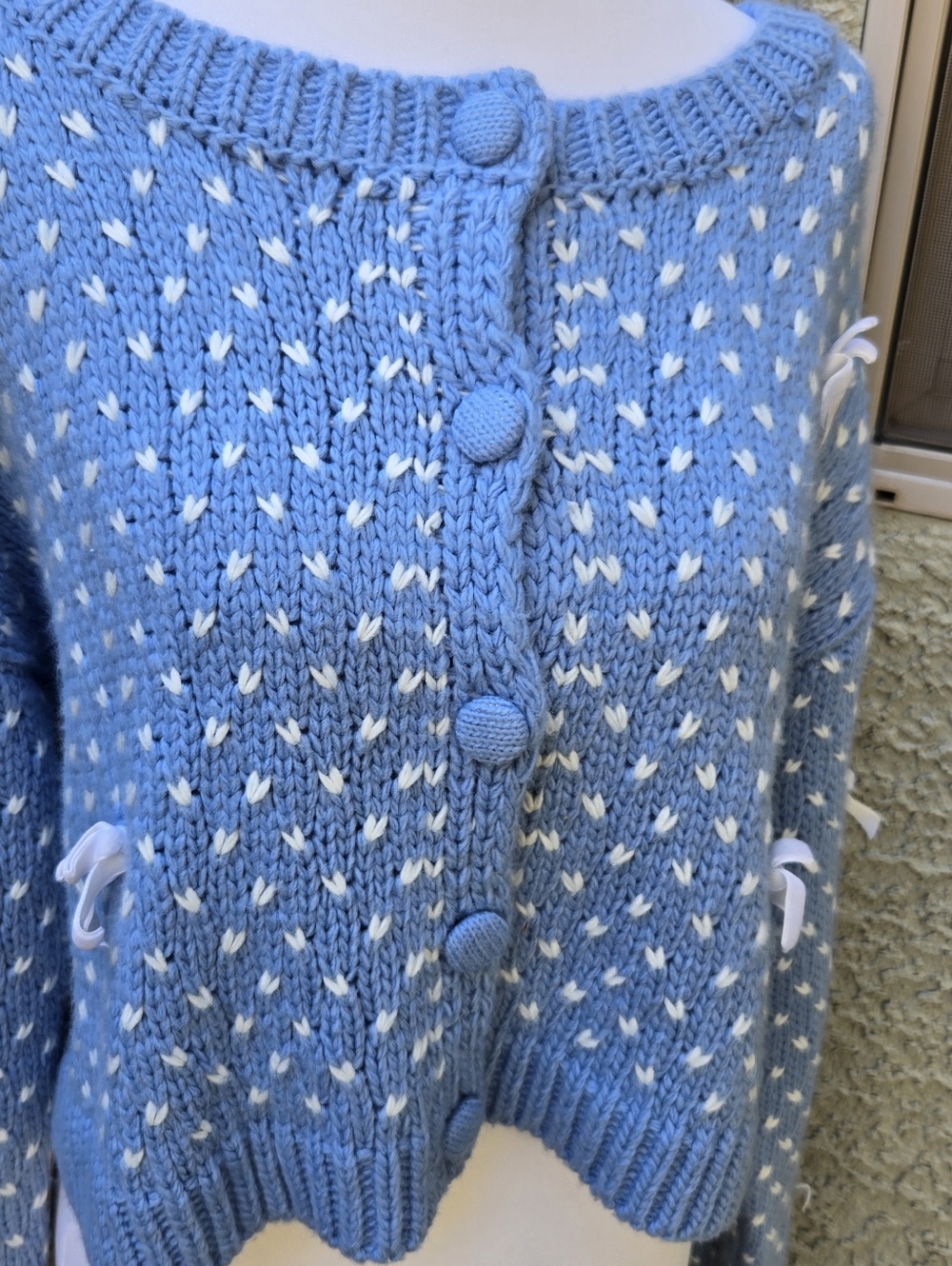 Threaded Leaf Light Blue Bow-Accent Knit Cardigan Sweater - Picture 5 of 10